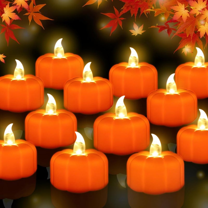 CESOF Pumpkin Tea Lights Decorations Fall Decor, 24 Pack LED Orange Pumpkin Lights Flameless Candles Battery Operated, Halloween Thanksgiving Flickering Tealight Candle for Home Table Indoor Party - Image 1